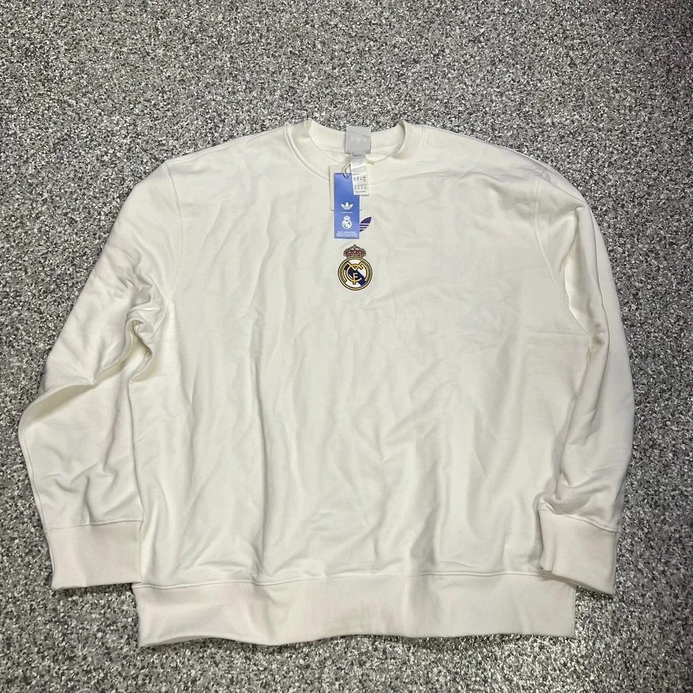 Adidas Real Madrid LFSTLR Pullover Sweatshirt Mens 2XL White Crewneck KC7789 NEW